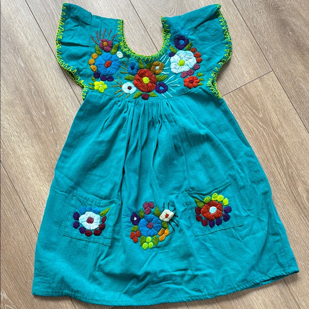 Embroidered Teal Kids Dress